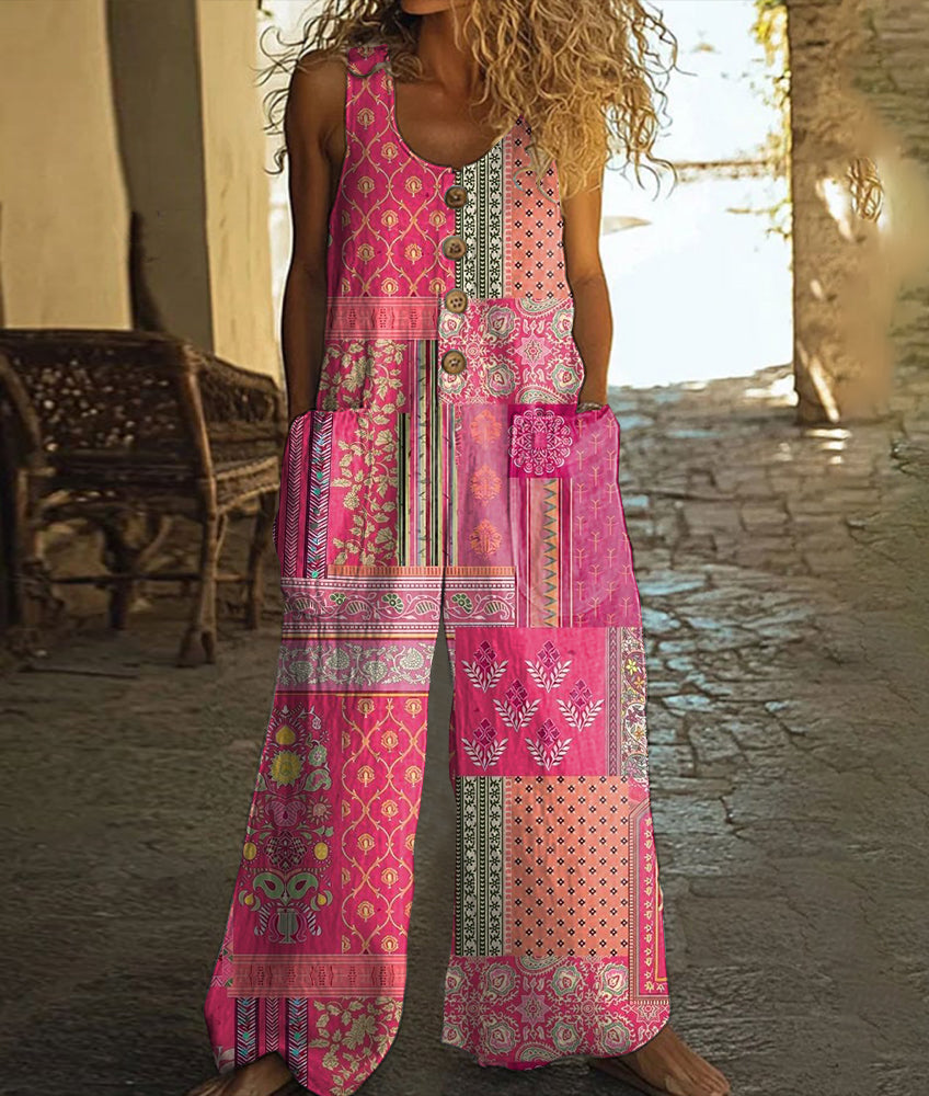Vintage Floral Art Print Casual Wide Leg Jumpsuit