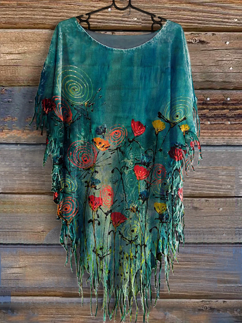 Women's Floral Pattern Art Print Batwing Tassel Fringe Cape Dresses