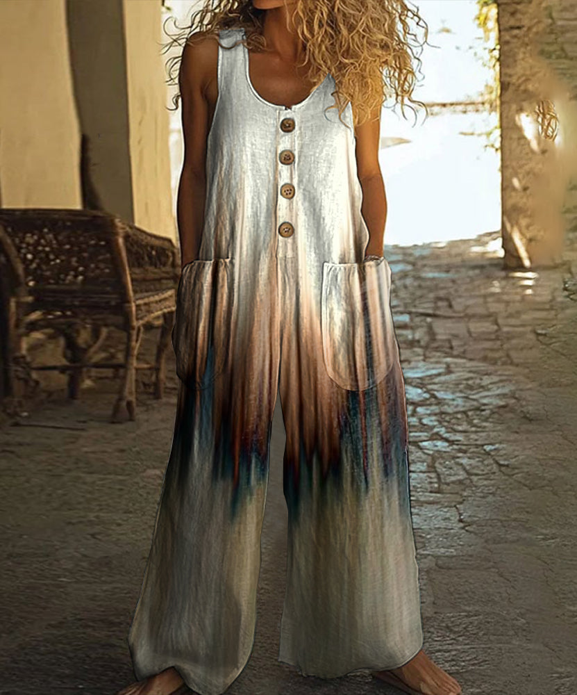 Retro Abstract Art Print Casual Wide Leg Jumpsuit