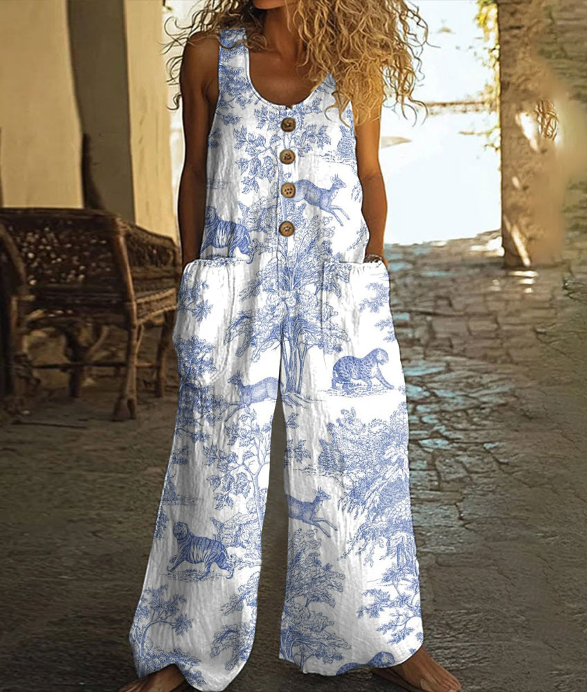 Women's Vintage Forest Animals Art Print Casual Wide Leg Jumpsuit