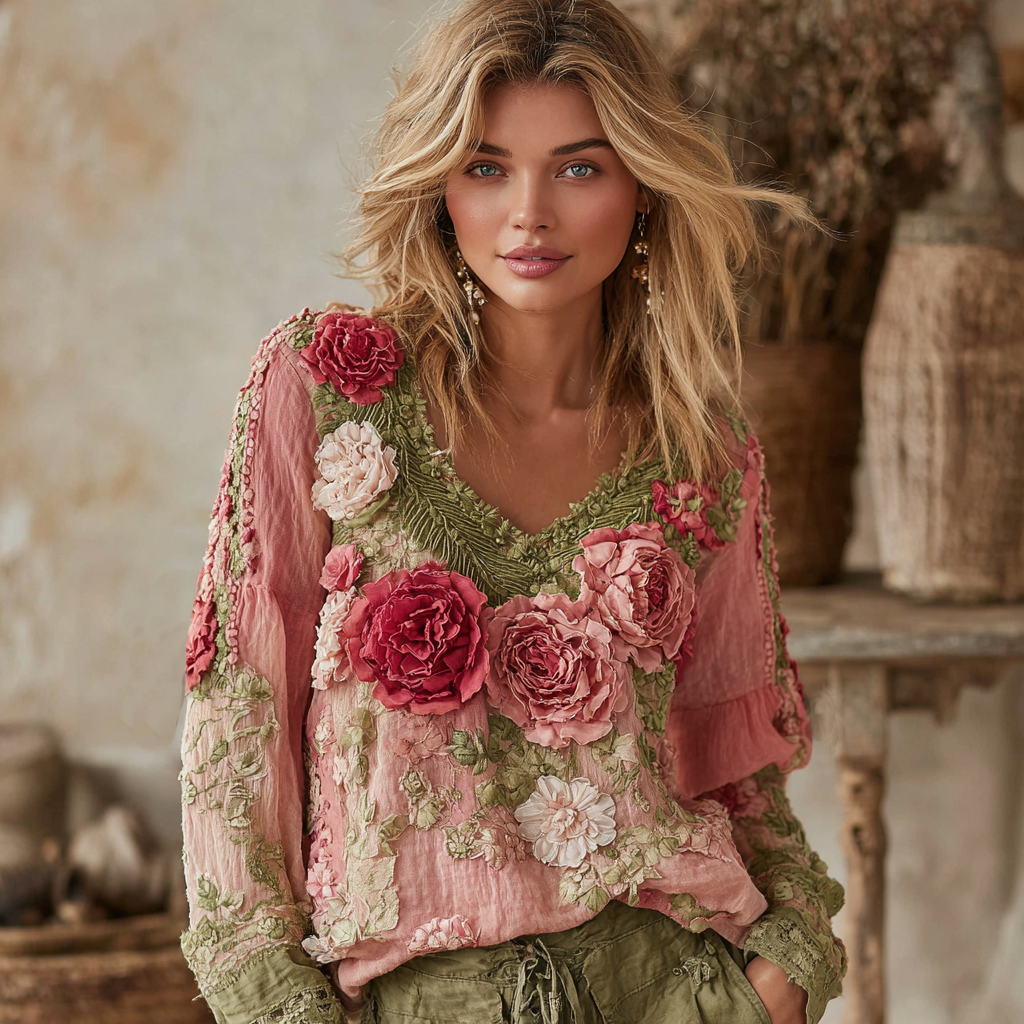 Women's Vintage Floral Art V-neck Shirt