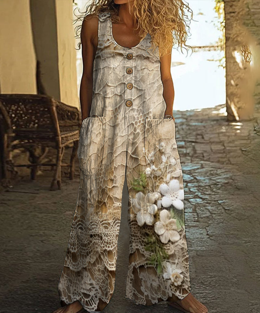 Vintage Lace Floral Print Casual Wide Leg Jumpsuit