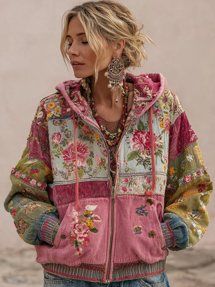 Women's Vintage Floral Embroidery Patchwork Art Zipper Hoodie