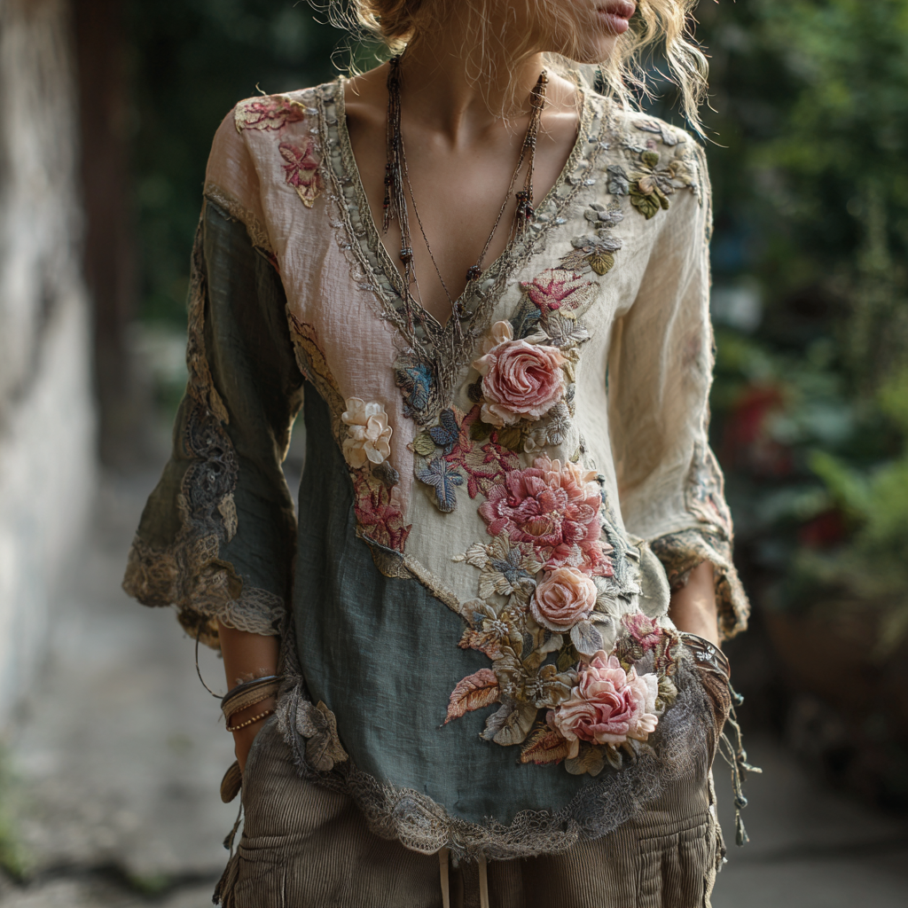 Women's Vintage Rose Floral Linen T-shirt