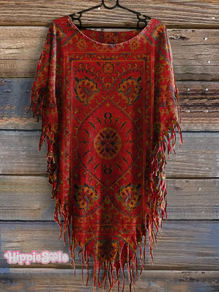 Women's Vintage Floral Totem Print Punk Hippie Batwing Tussle Fringes Poncho Dress