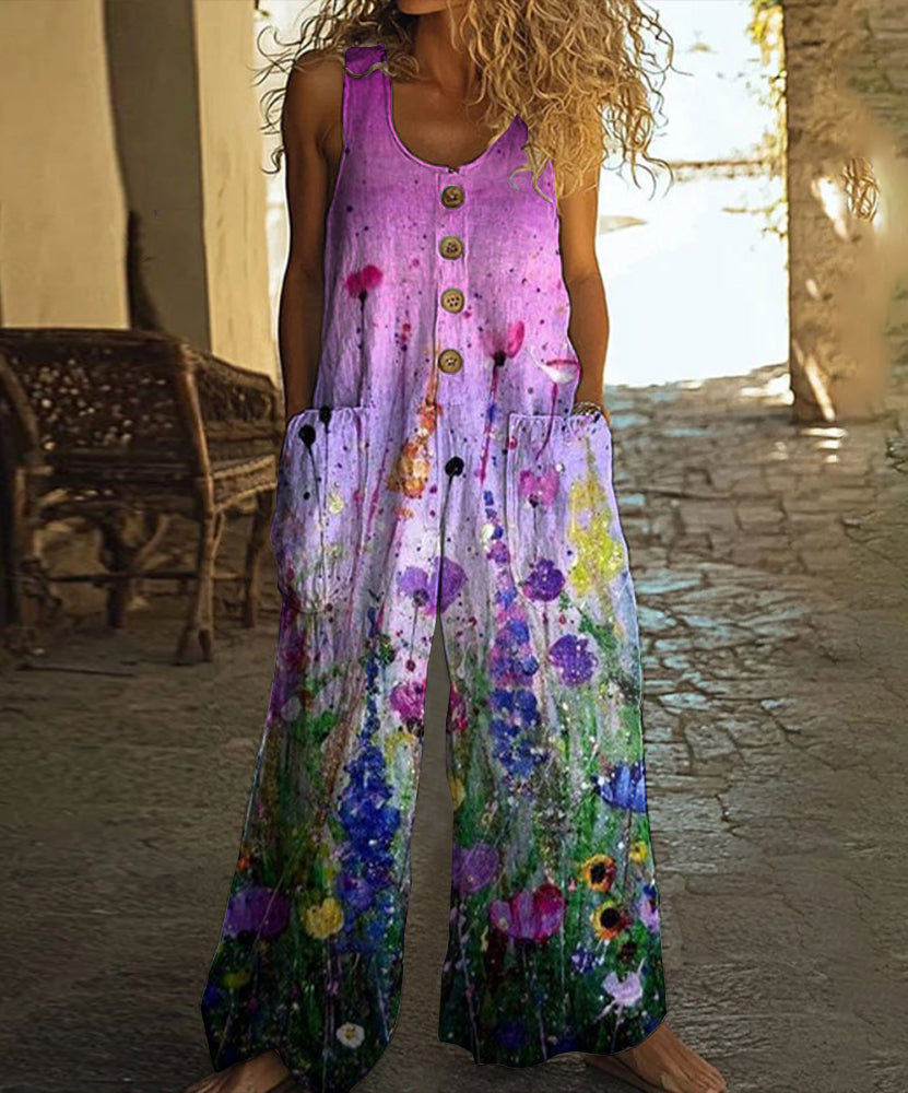 Vintage Floral Art Print Casual Wide Leg Jumpsuit