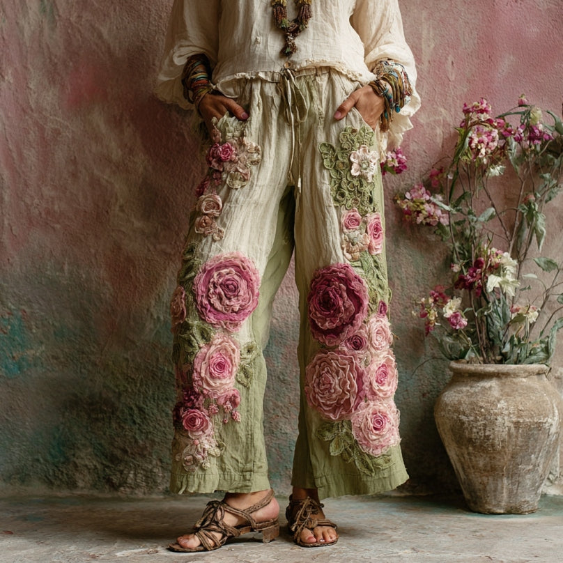 Vintage Floral Embroidered Art Print Linen Blend Pants