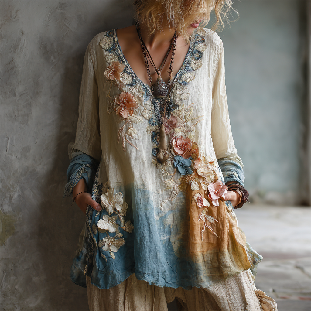 Women's Vintage Floral Embroidery Gradient Linen V-neck Shirt