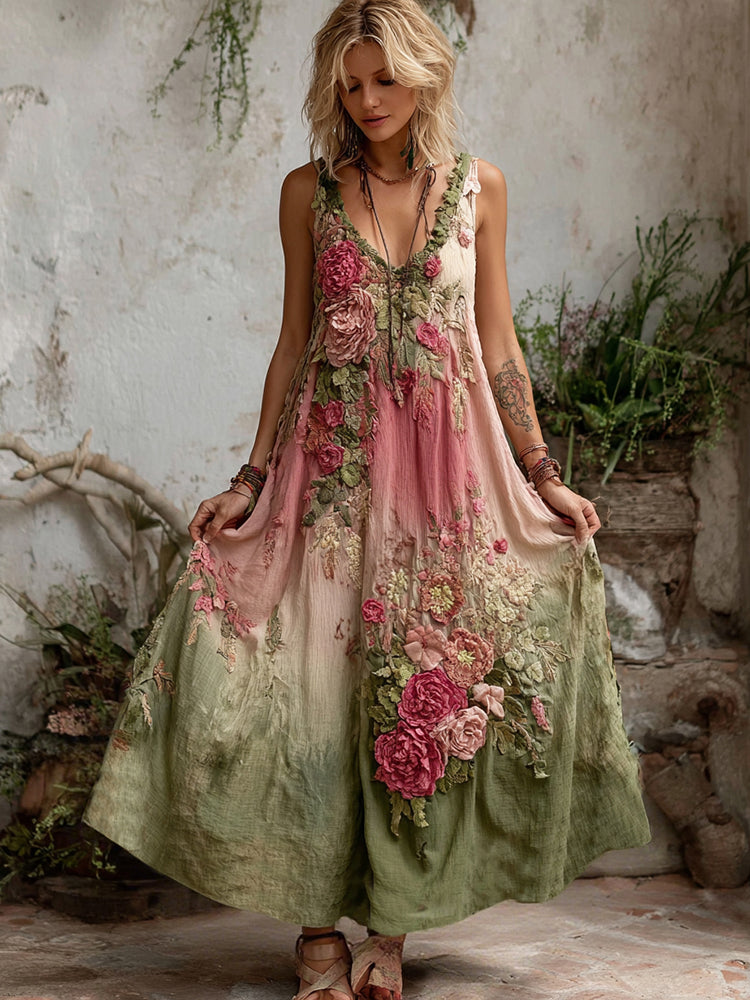 Women Vintage Floral Art V Neck Linen Maxi Dress