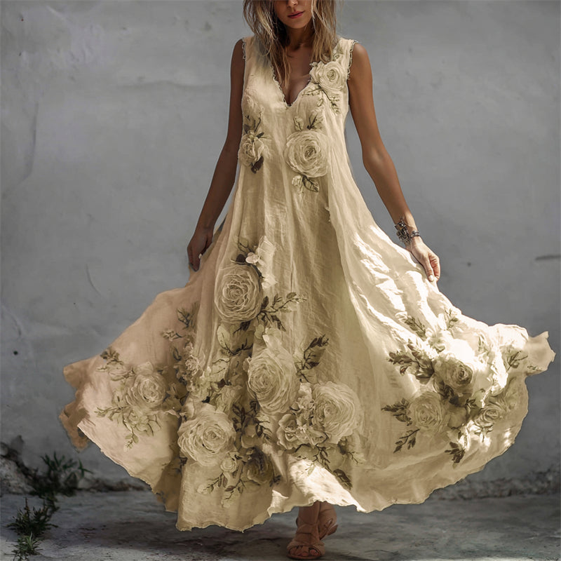 Vintage White Roses Fiber Art Flowy Linen Maxi Dress