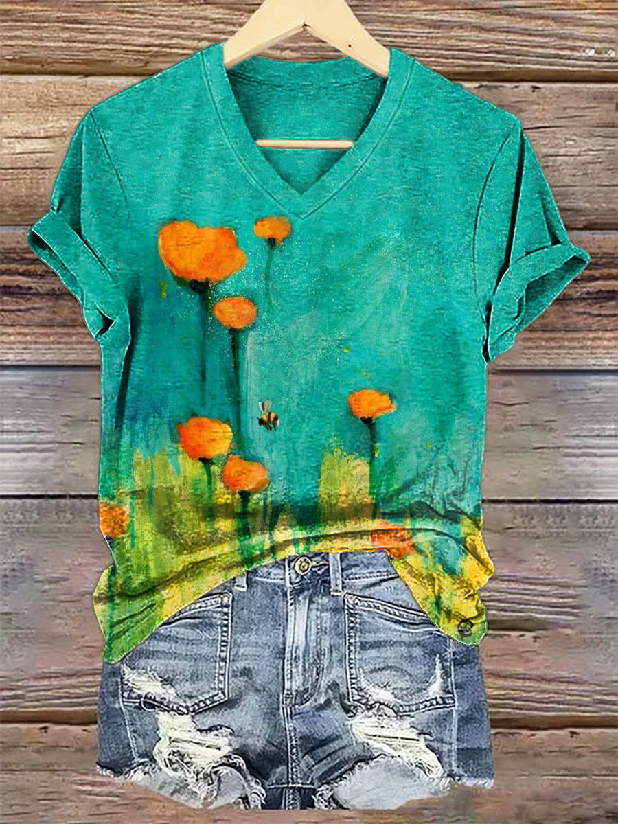 Women's Vintage Floral Art Print V-neck Casual T-Shirt