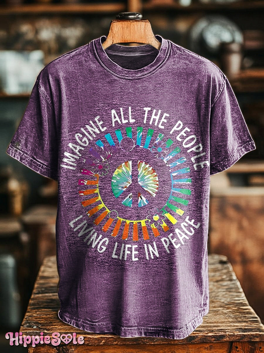 Unisex Hippie Imagine All The People Living Life in Peace Print Casual Loose Short Sleeve T-Shirt