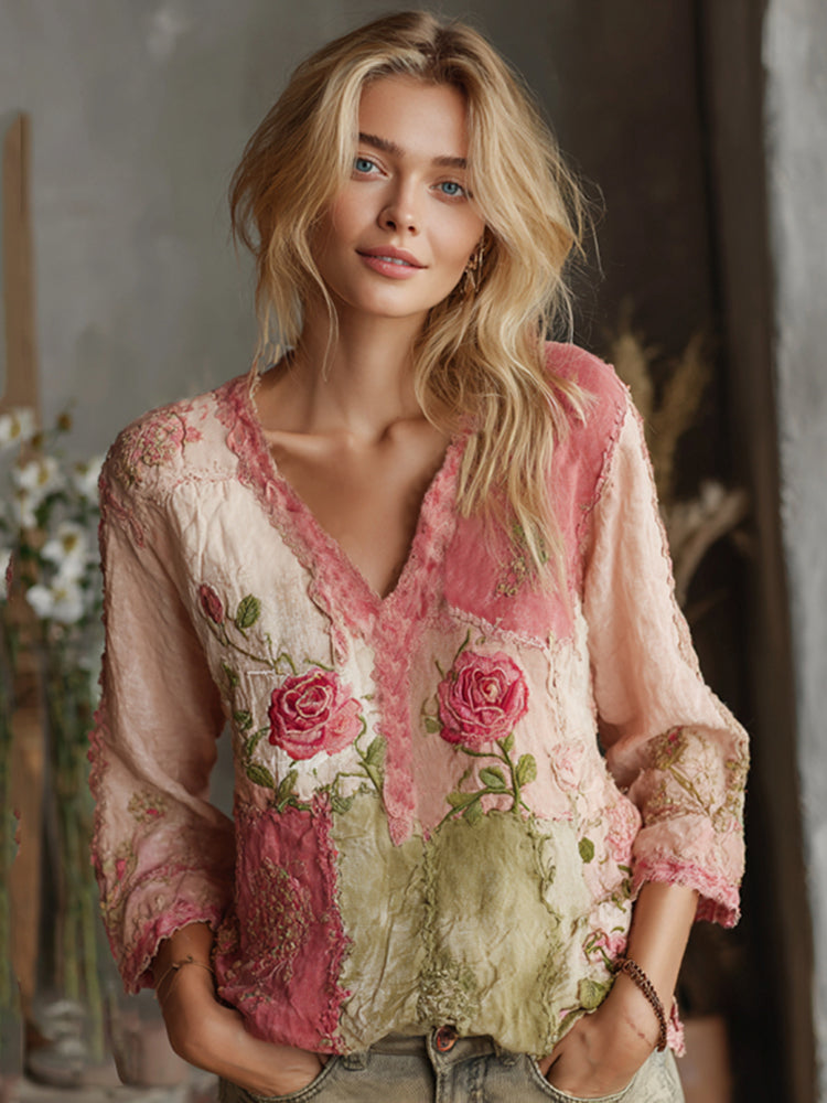 Love & Health Collection Retro Western Women Style Vintage Rose And Floral Patchwork Art Casual V Neck Linen Shirt