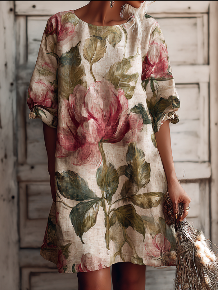 Retro Cotton And Linen Bohemian Style Plant And Flower Print Mid-length Dress