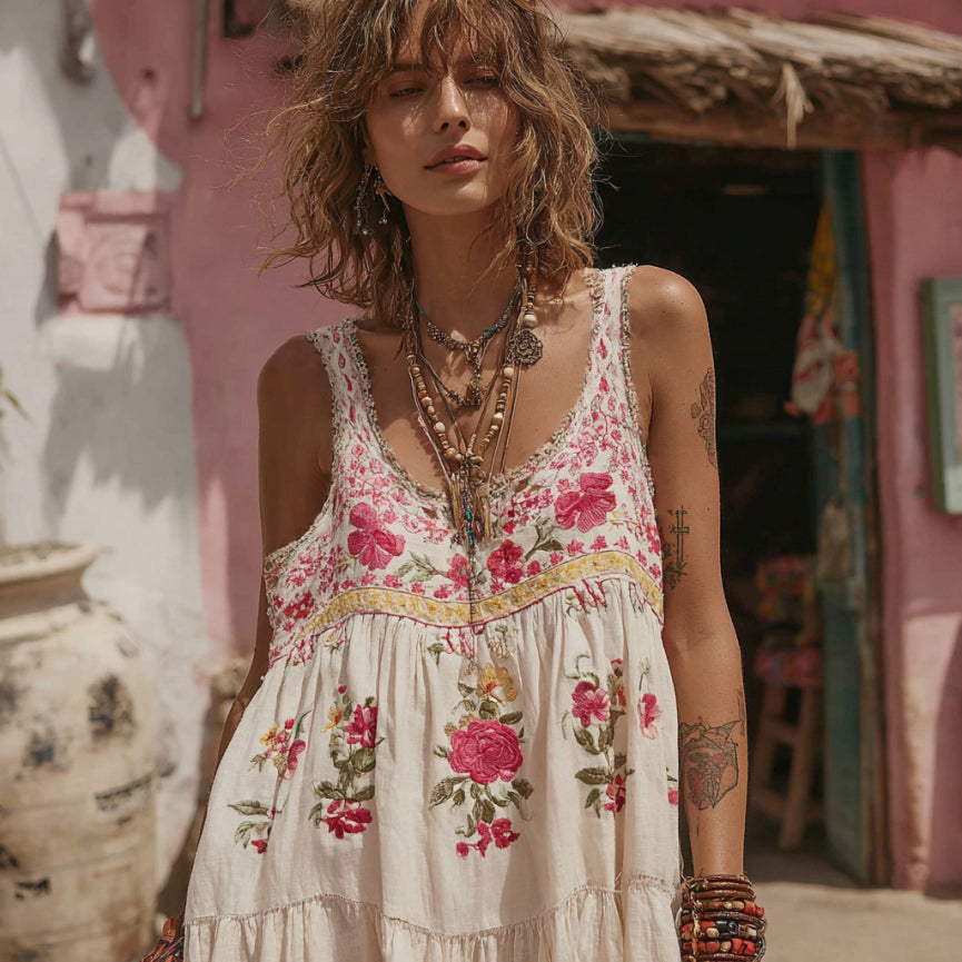 Pink Rose Embroidery Crew Neck Linen Blend Tank Top