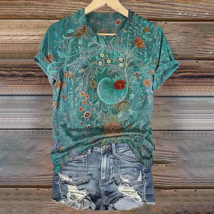 Vintage Floral Art Print 100%Cotton V-neck T-Shirt