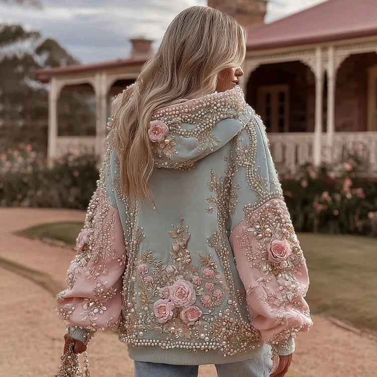 Women's Vintage Pink Floral Embroidered Artwork Contrast Stitch Long-Sleeve Hoodie
