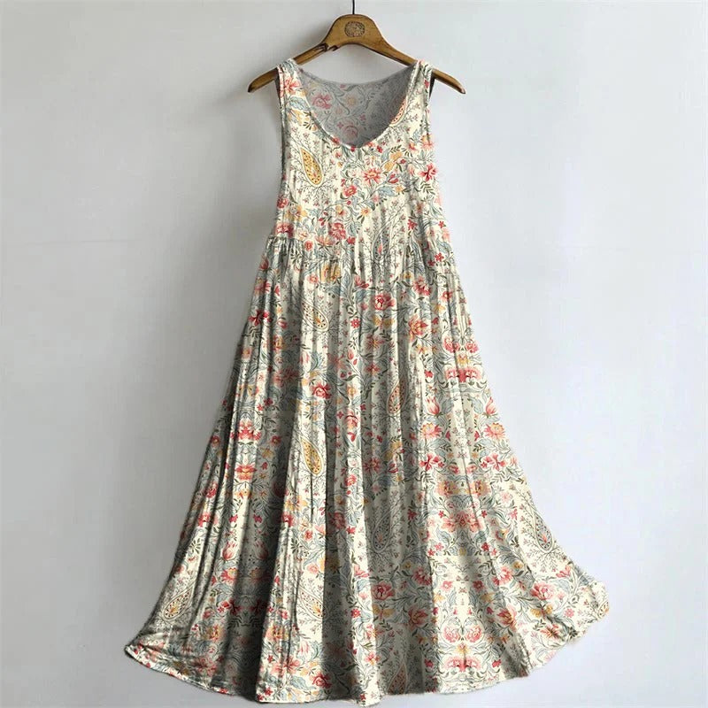 Women's Vintage Floral Art Print Sleeveless Cotton Pocket Dress
