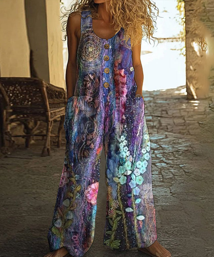 Vintage Floral Art Print Casual Wide Leg Jumpsuit