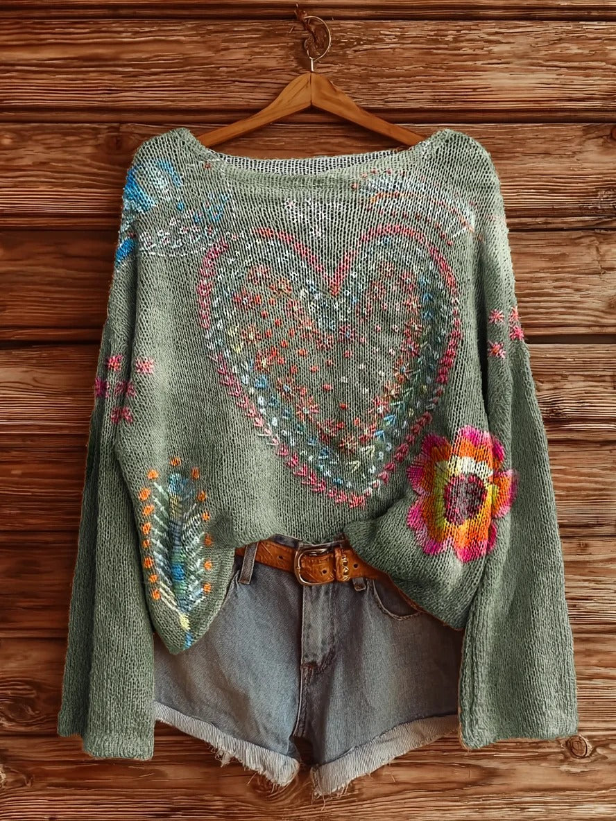 Women's Vintage Bohemian Floral Art Print Casual V Neck Long Sleeve Tops