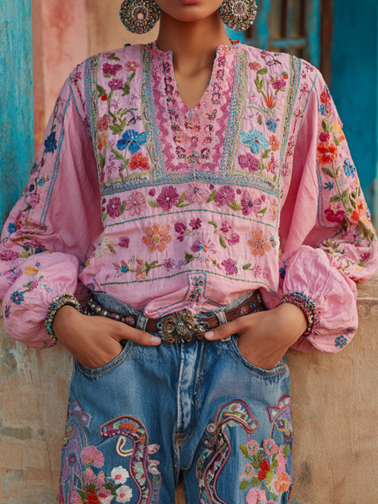 Women's Retro Ethnic Pink Awareness Flower Embroidery Printed Top