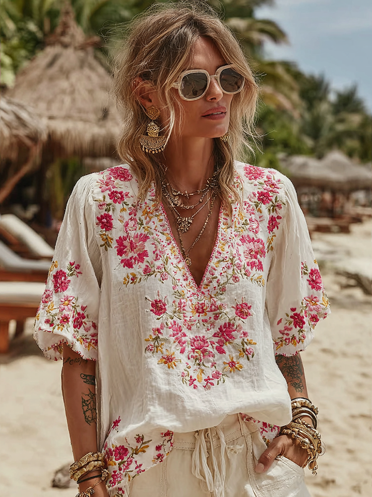 Women's Vintage Rose Floral Art Linen Comfy Shirt