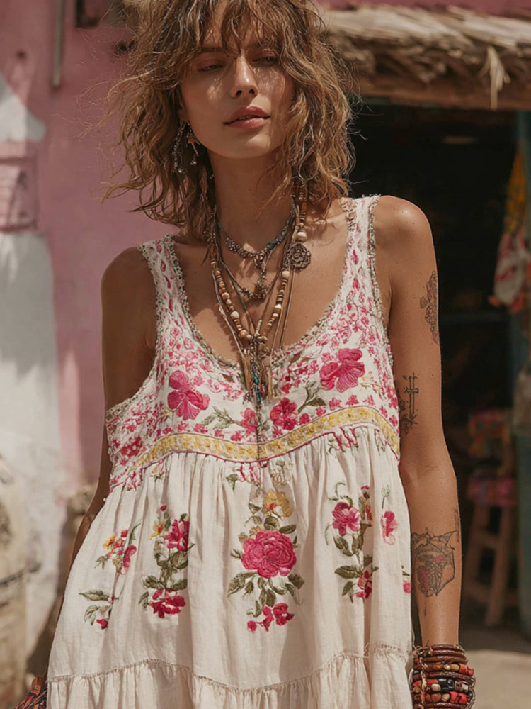 Pink Rose Embroidery Crew Neck Linen Blend Tank Top