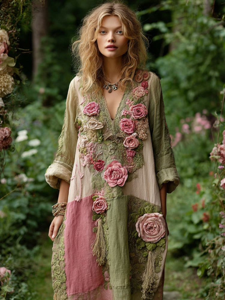 Women's Vintage Patchwork Floral Print V-neck Loose Dress