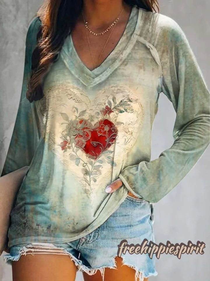 Women's Vintage Heart Pattern Artistic Print Pocket V-Neck Cotton Dress