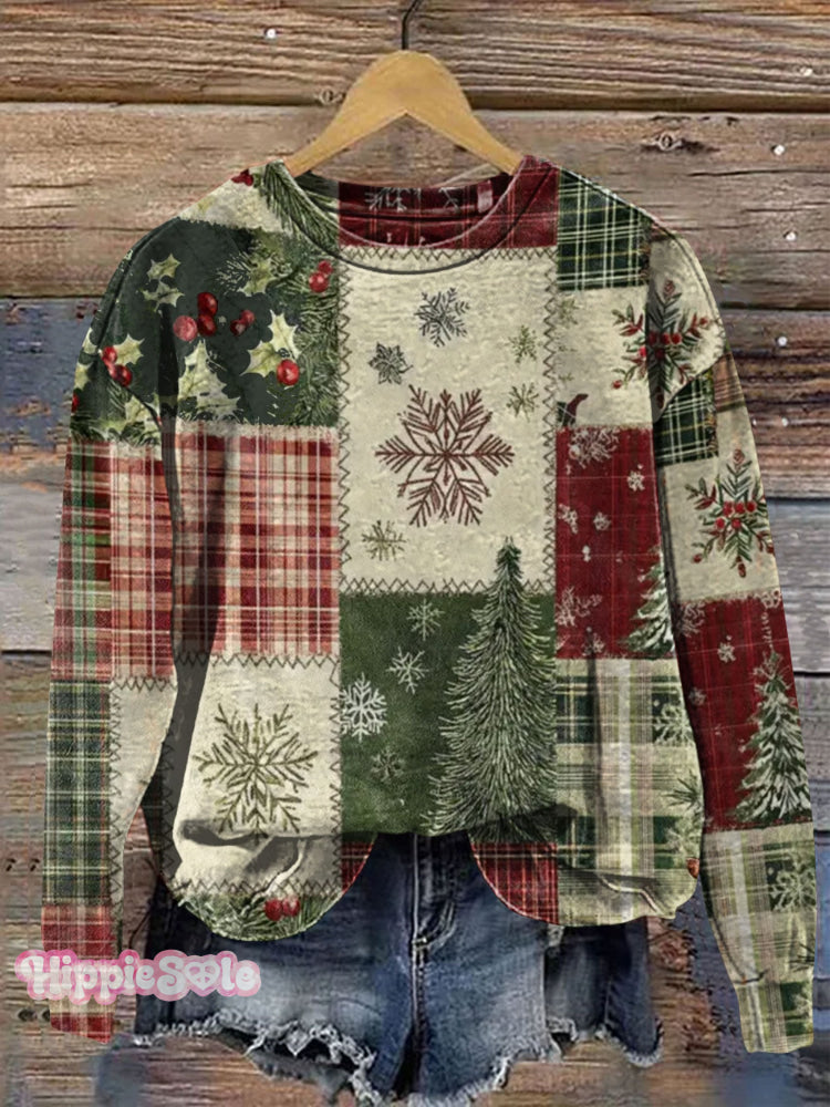 Vintage Christmas Patchwork Art Print Casual  Sweatshirt