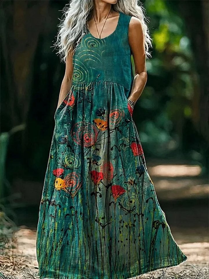 Women's Floral Pattern Art Print Batwing Tassel Fringe Cape Dresses