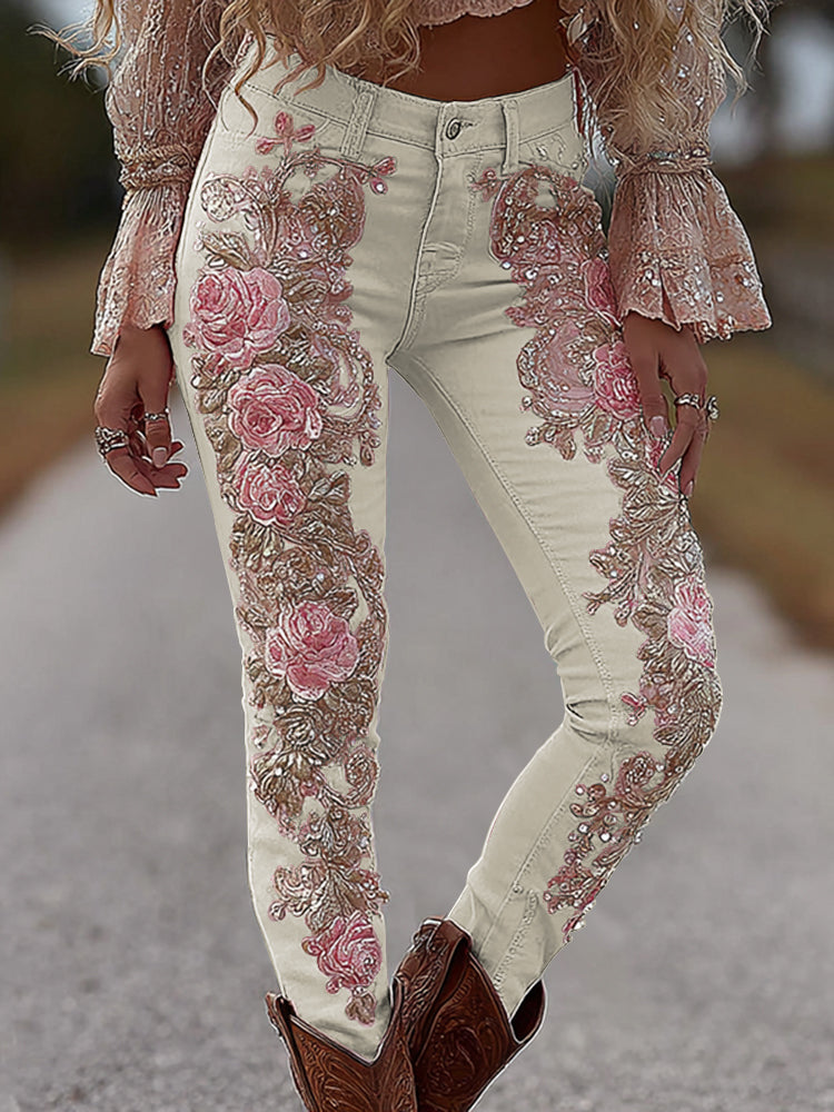 Women's Vintage Rose Floral Embroidery Art Loose Jeans