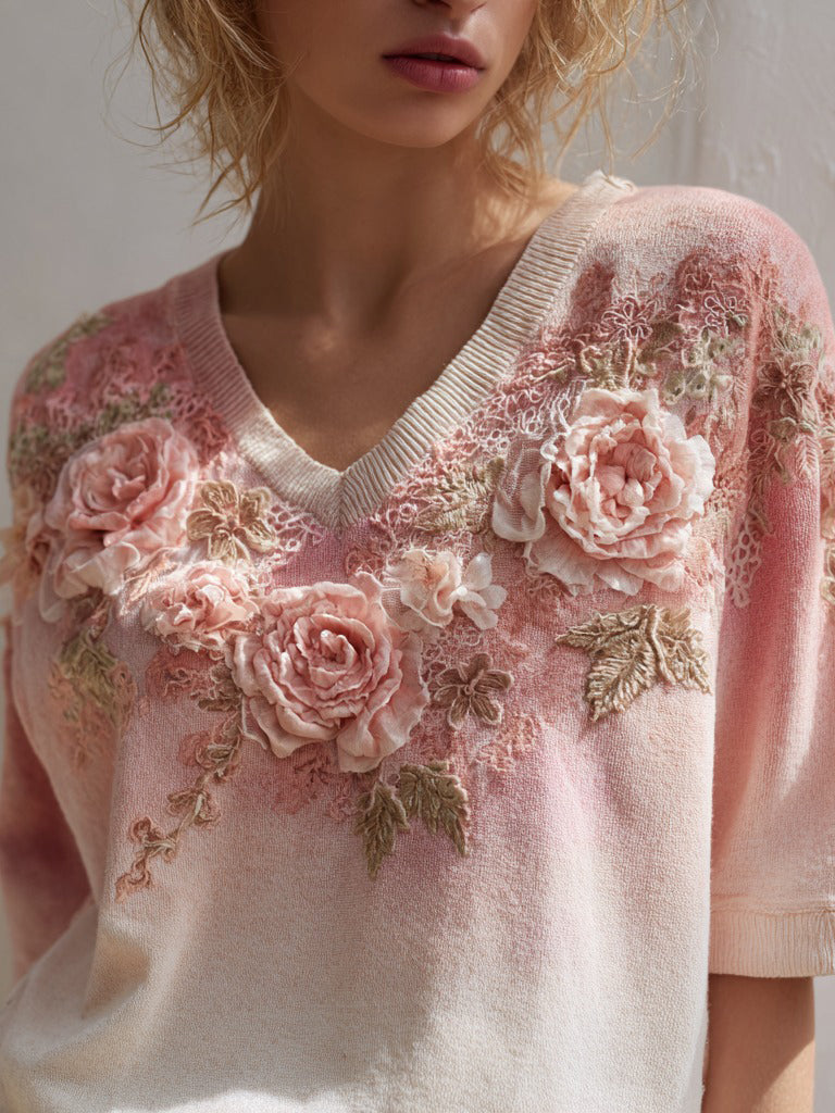 Women's Fashion Rose Embroidery Gradient Cotton V Neck T-shirt