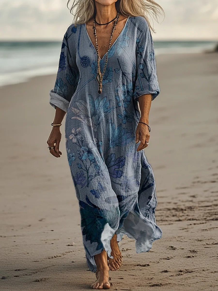 Women's Vintage Ethnic Floral Art Print Casual Cotton And Linen Shirt