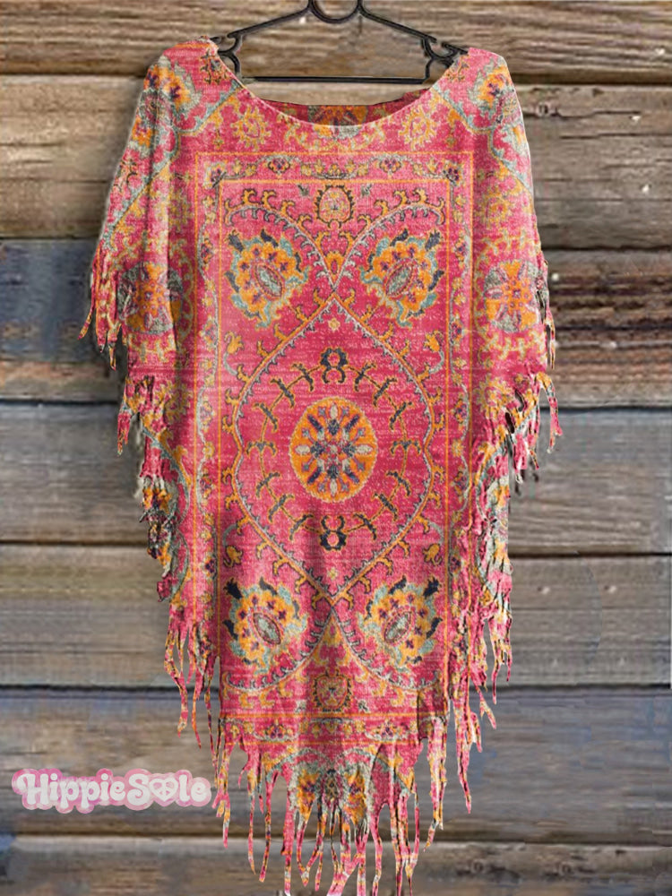 Women's Vintage Floral Totem Print Punk Hippie Batwing Tussle Fringes Poncho Dress