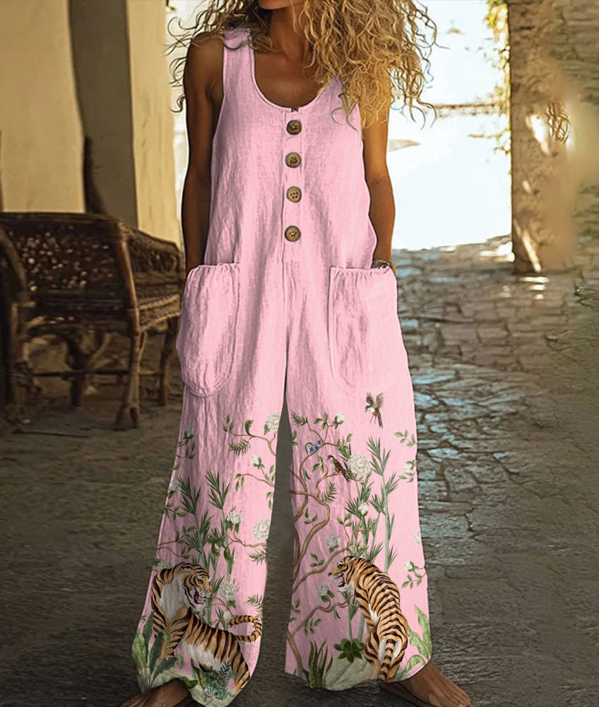 Women's Vintage Tropical Leopard Art Print Casual Wide Leg Jumpsuit