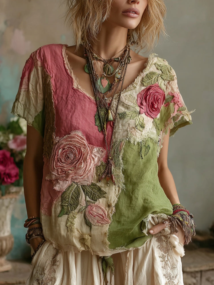 Women's Vintage Floral Pattern Crew Neck T-shirt