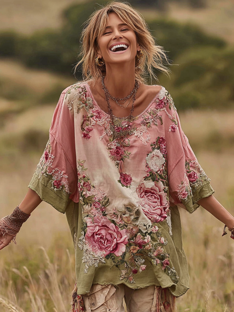 Vintage Pink Roses Pattern Art Linen Tunic