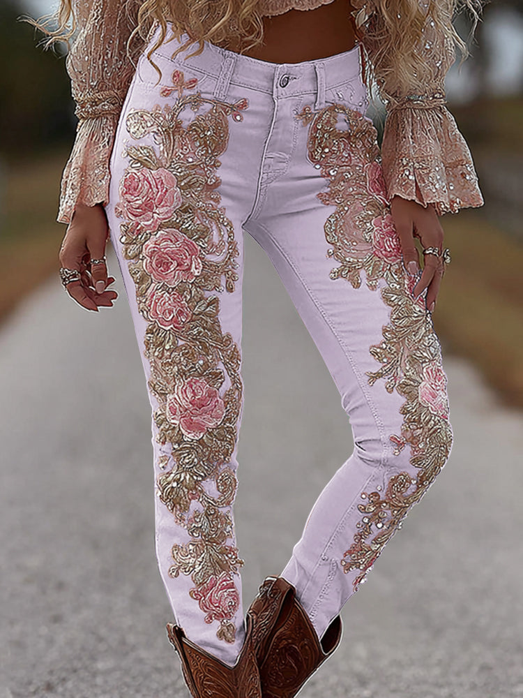 Women's Vintage Rose Floral Embroidery Art Loose Jeans