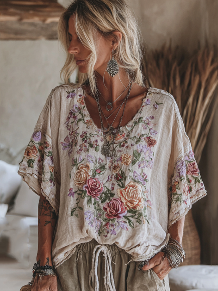 Vintage Floral Embroidered Linen Short Sleeve Shirt