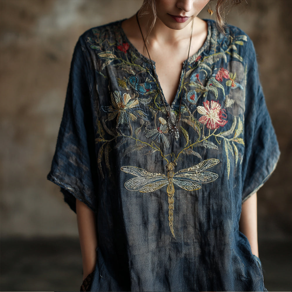Vintage Cotton And Linen Tie-dye T-shirt With Dragonfly And Flower Pattern, V-neck, Short Sleeve