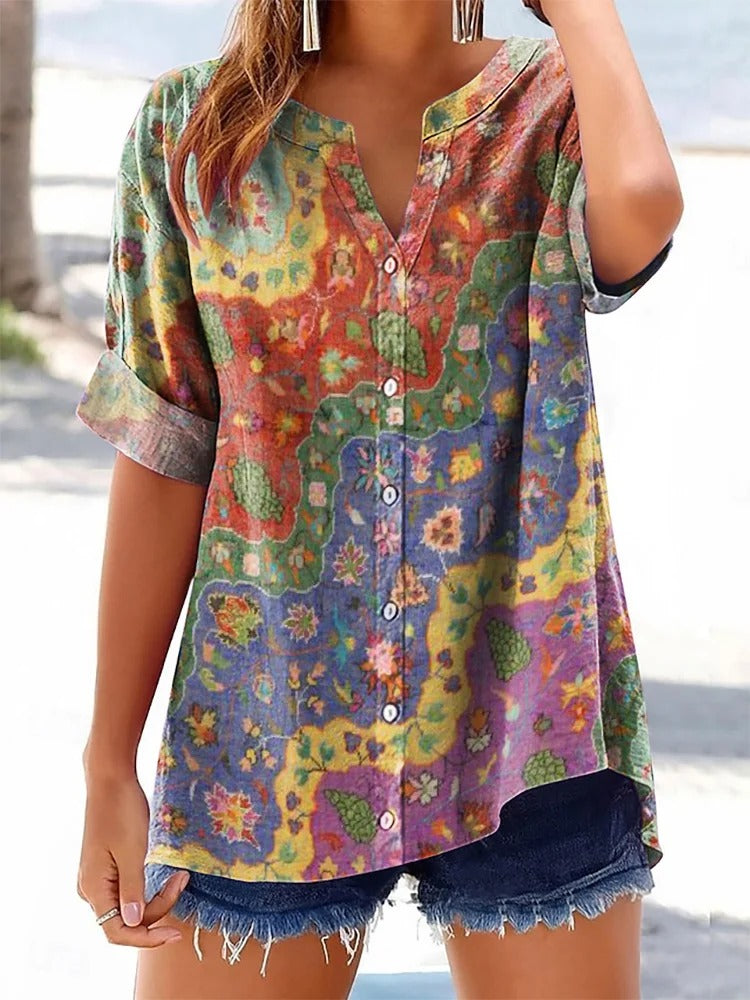 Women's Boho Floral Wave Collage Art Printed Cotton And Linen Casual Pants
