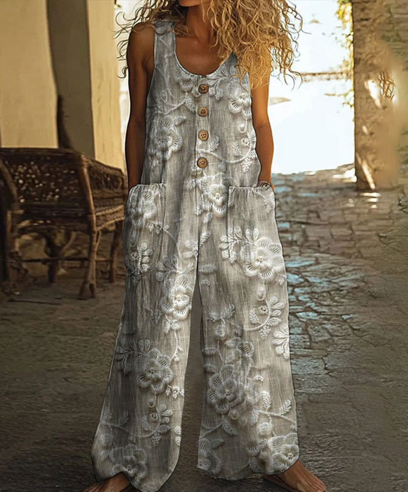 Vintage Floral Pattern Art Print Casual Wide-leg Jumpsuit