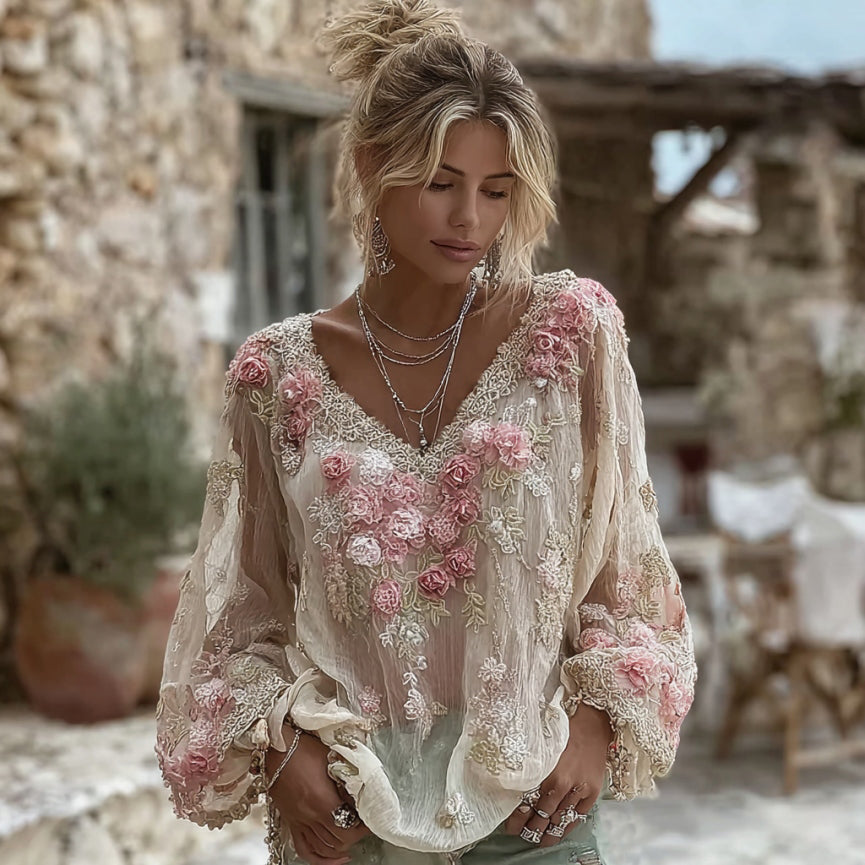 Women's Pink Floral Embroidery V-neck Linen Blend Long Sleeve T-shirt