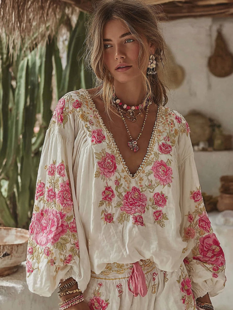 Vintage Floral Art Embroidery Linen V-neck Long Sleeves T-shirt