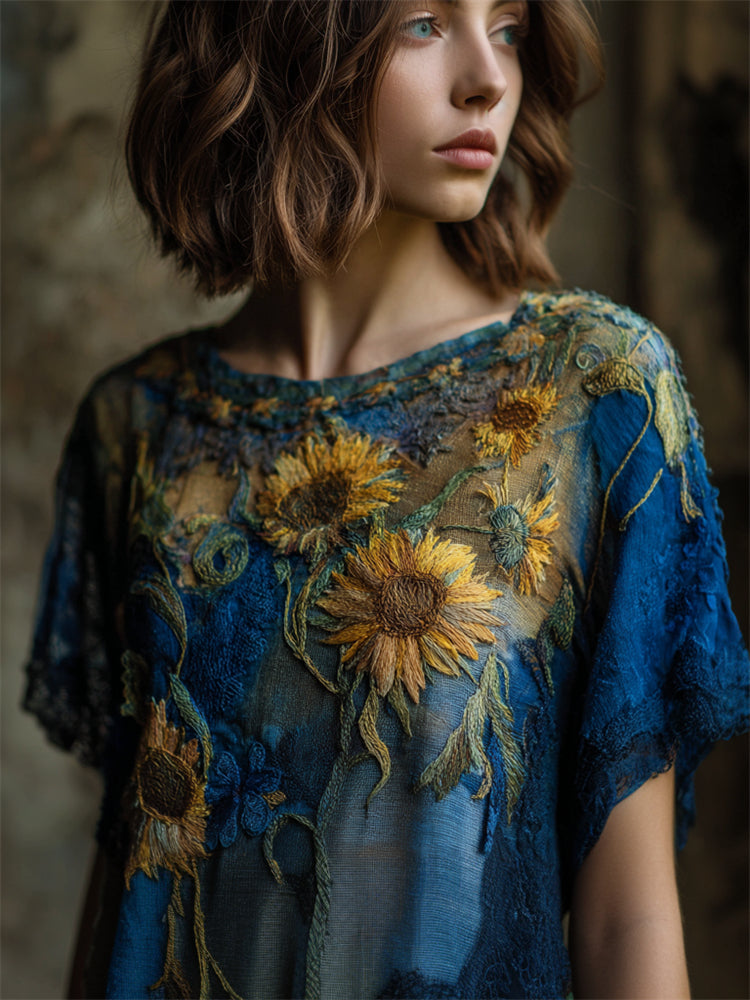 Oil Painting Boho Sunflowers Lace Embroidered Linen Tunic