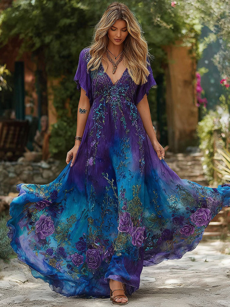 Women's Vintage Rose Floral Elegant V Neck Dress