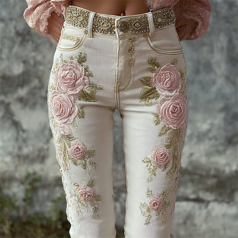 Vintage Cottage Pink Roses Glitter Embroidered Skinny Jeans