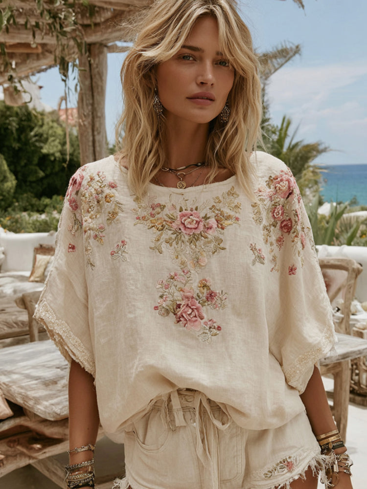Vintage Pink Roses Art Crew Neck Linen Tunic