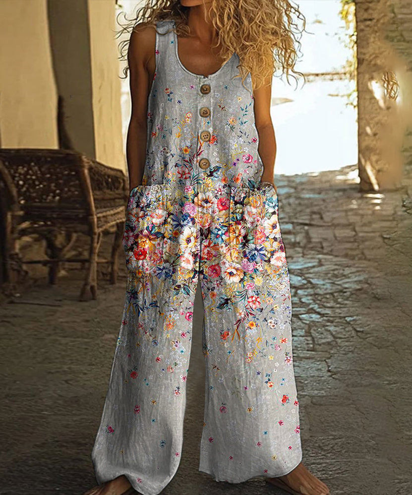 Vintage Floral Art Print Casual Wide Leg Jumpsuit